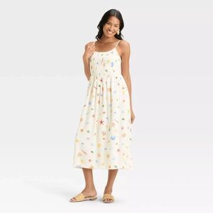 A New Day Women's Smocked V-Waist Midi Dress Cream Seashell XL NWT
